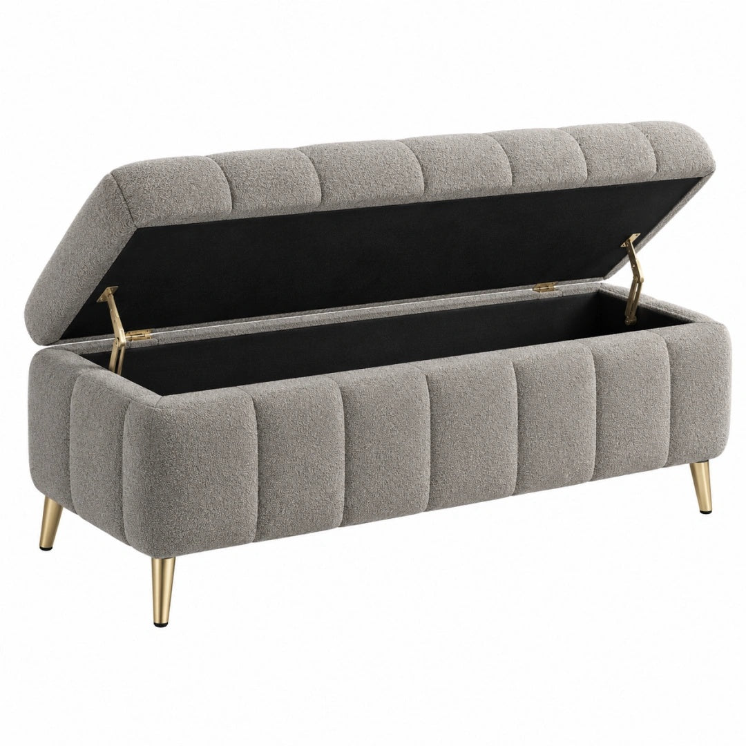 Banc coffre 120 cm en tissu bouclé gris avec rangement style contemporain