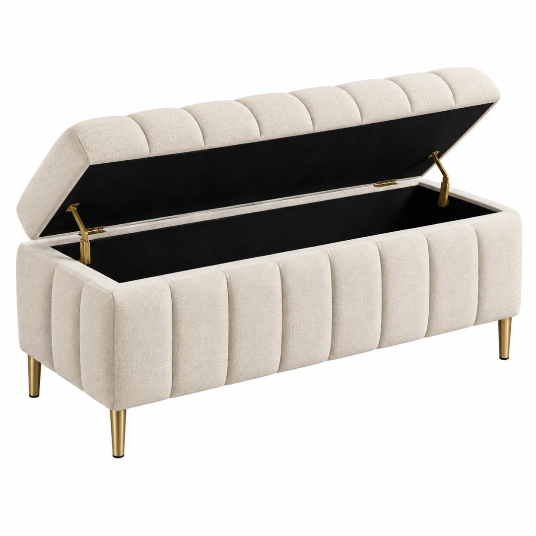Banc coffre 120 cm en tissu beige avec rangement style contemporain