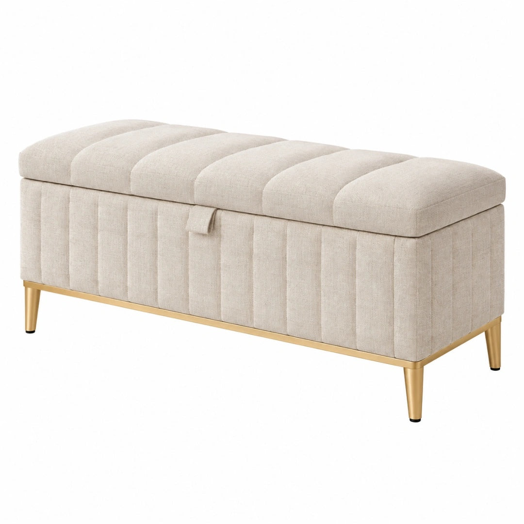 Banc coffre 120 x 45 x 48 cm en tissu beige avec pieds dorés style contemporain