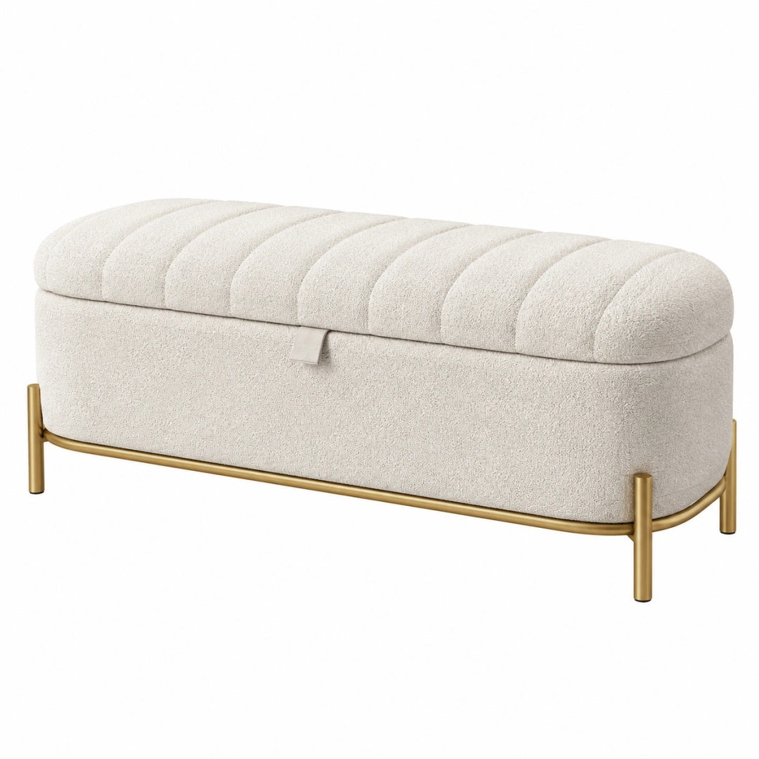 Banc coffre 100 x 40 x 45 cm en tissu bouclette crème avec piètement métal doré style contemporain
