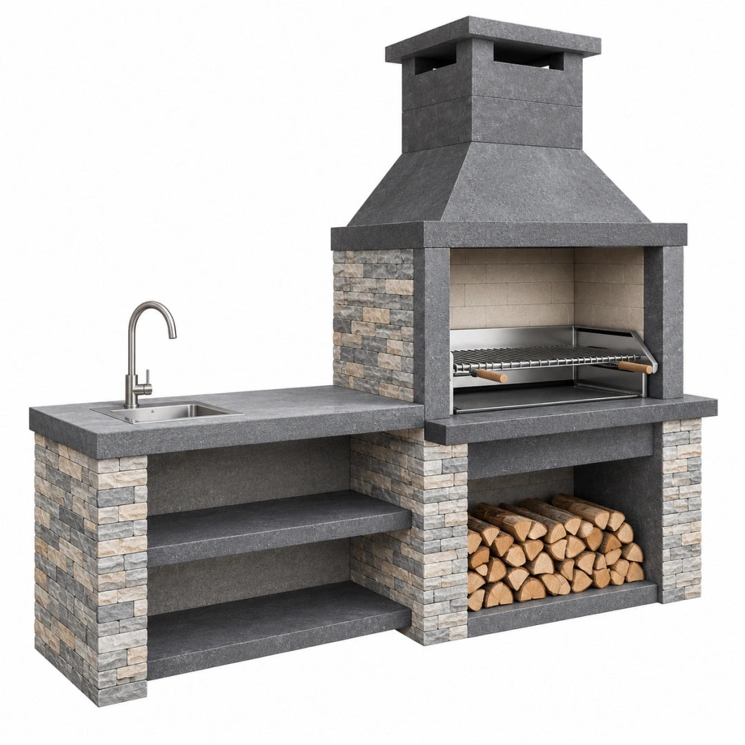 Barbecue de jardin 200 x 70 x 230 cm en pierre grise avec évier et rangement à bois