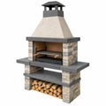 Barbecue de jardin 120 x 70 x 210 cm en pierre et acier gris beige avec cheminée