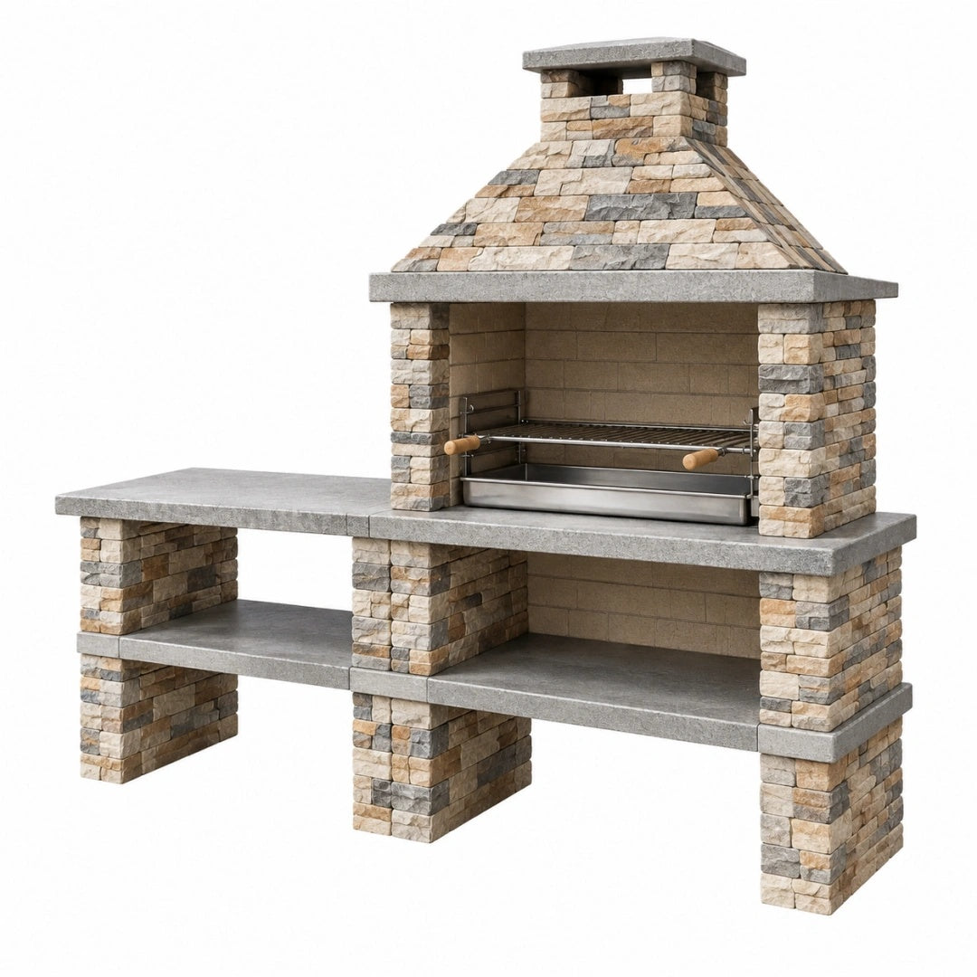 Barbecue de jardin en pierre 210 x 80 x 230 cm avec cheminée et grille réglable