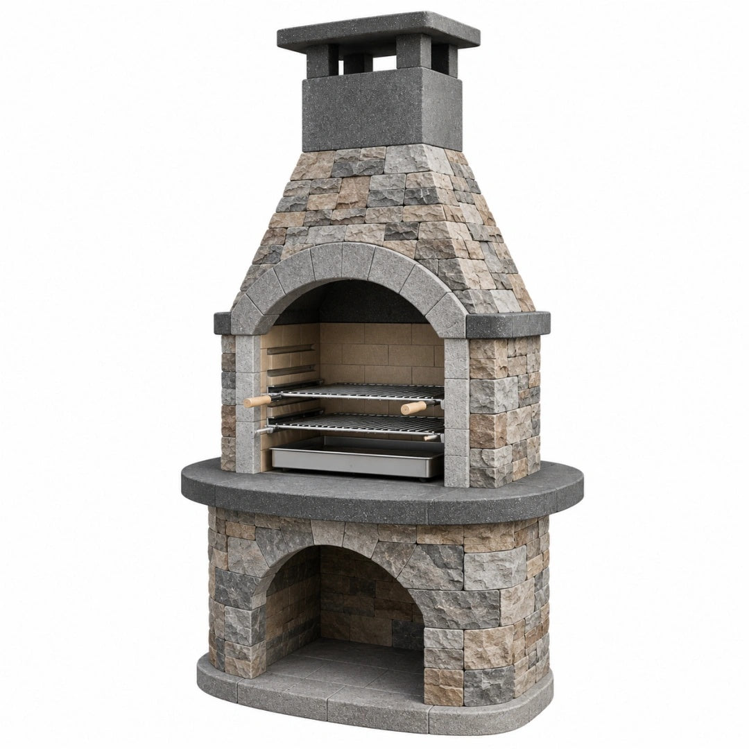 Barbecue de jardin 140 x 90 x 230 cm en pierre gris beige avec grilles style rustique