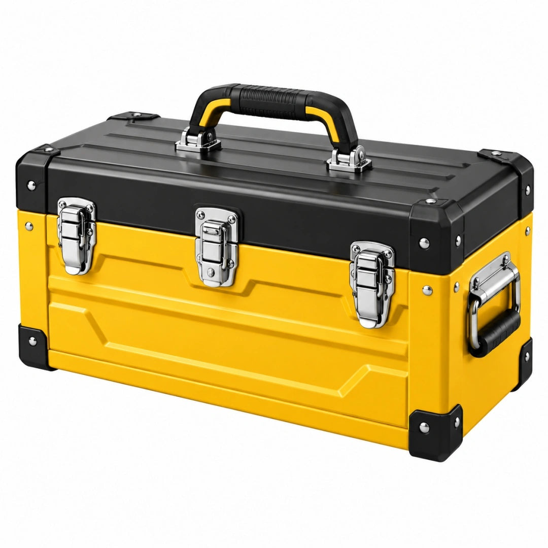 Coffre à outils 50 x 25 x 25 cm en acier jaune et noir avec poignées de transport