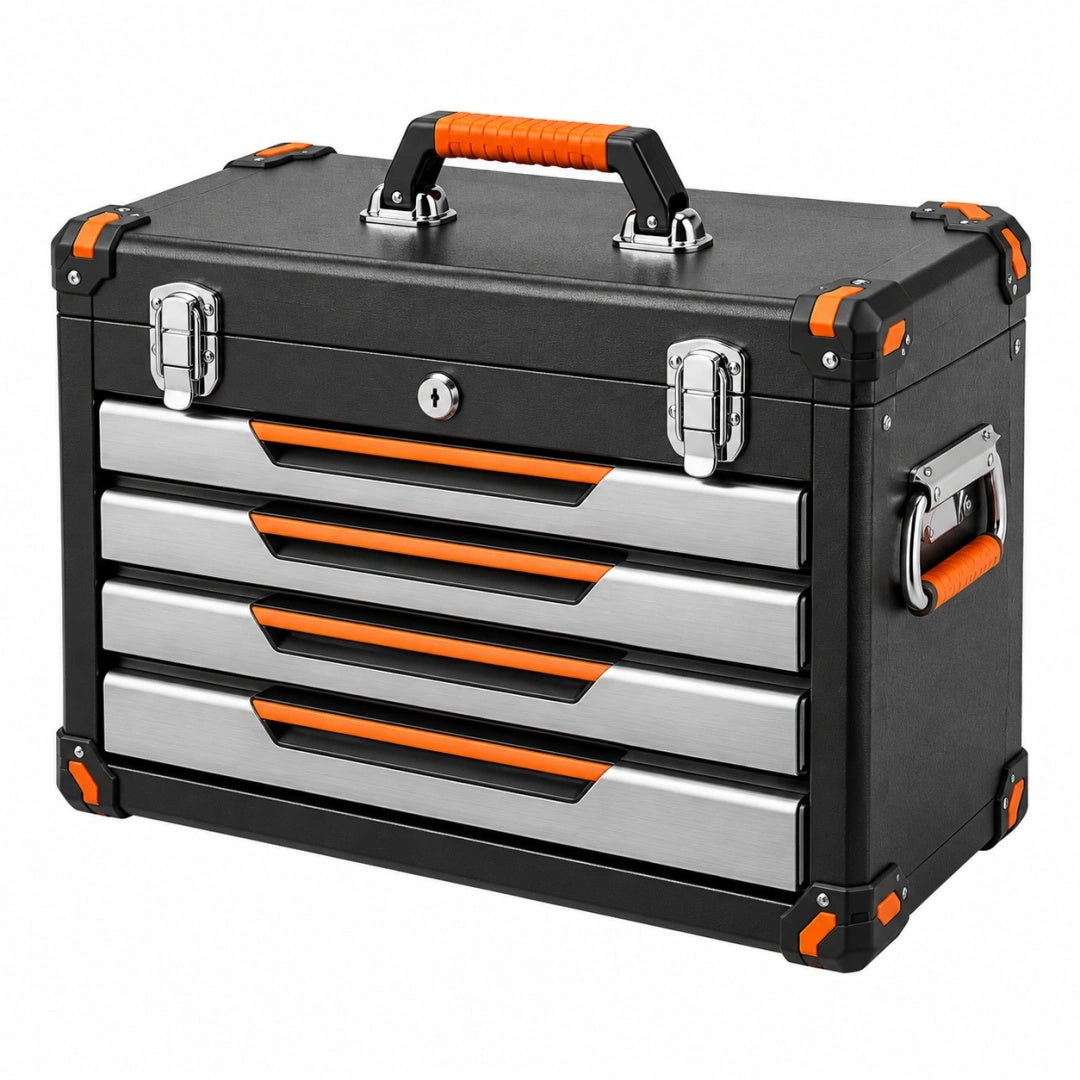 Coffre à outils 50 x 25 x 35 cm en métal noir et orange à 4 tiroirs portable