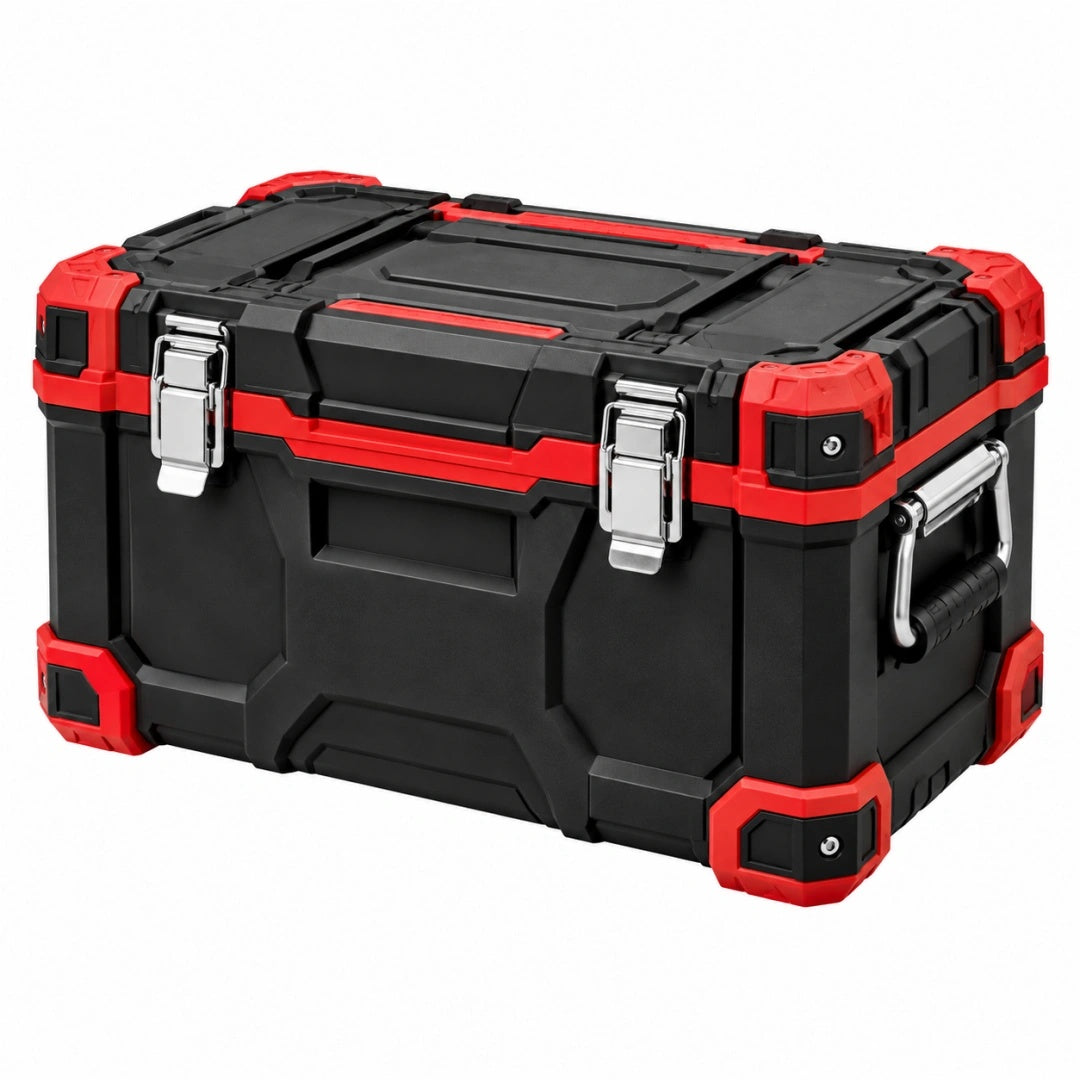 Coffre de rangement pour outils 58 x 32 x 30 cm en plastique noir rouge avec fermetures métalliques