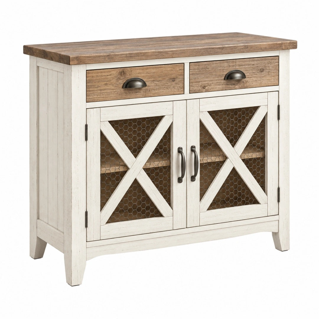 Buffet de rangement 100 x 40 x 90 cm en bois blanc et marron style rustique avec 2 tiroirs et 2 portes