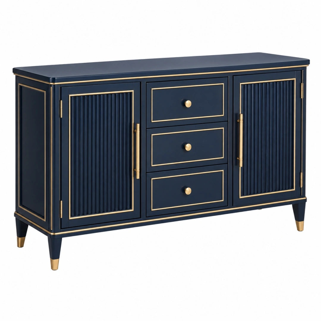 Buffet 140 x 40 x 85 cm en bois bleu marine et doré pour rangement style contemporain