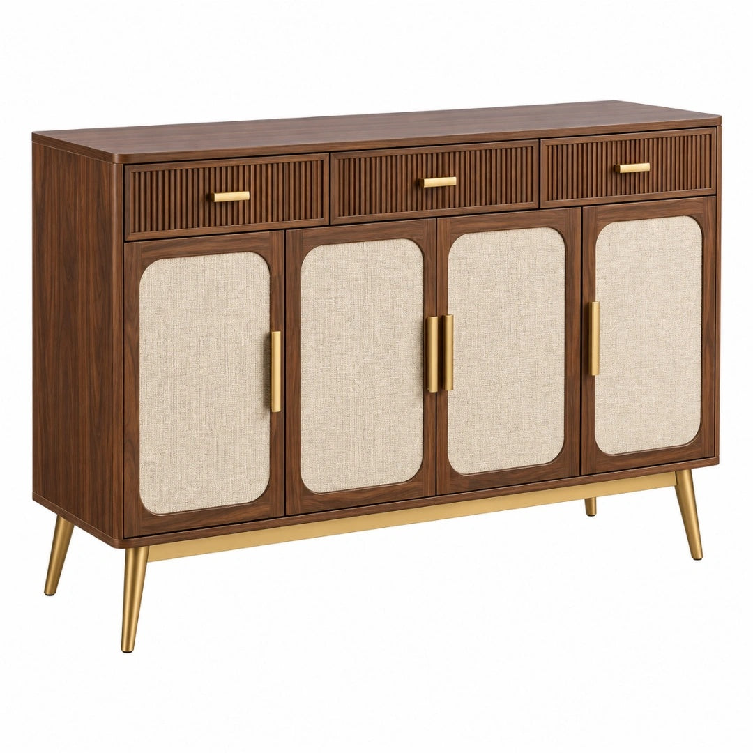 Buffet 160 x 40 x 90 cm en bois brun avec façades en tissu style rétro