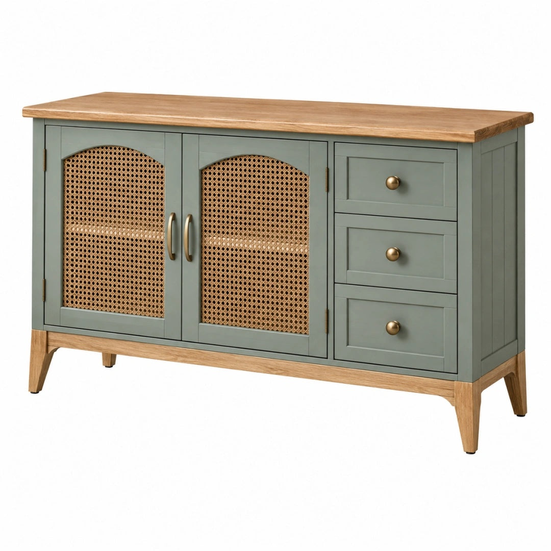 Buffet 120 x 40 x 80 cm vert sauge en bois et cannage avec 3 tiroirs style naturel