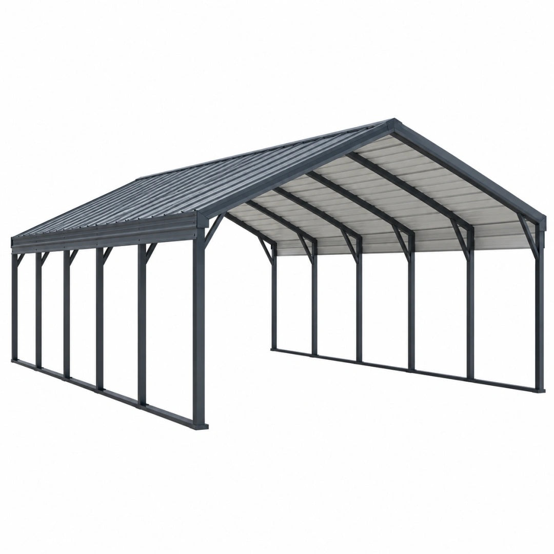 Abri voiture 600 x 300 x 270 cm en acier anthracite avec toit à deux pentes