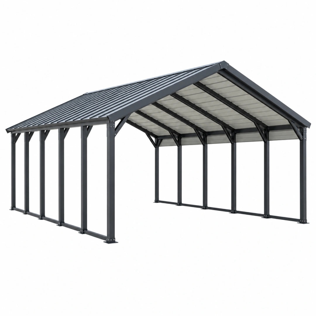 Abri voiture 600 x 300 x 270 cm en acier gris anthracite à toit à deux pentes