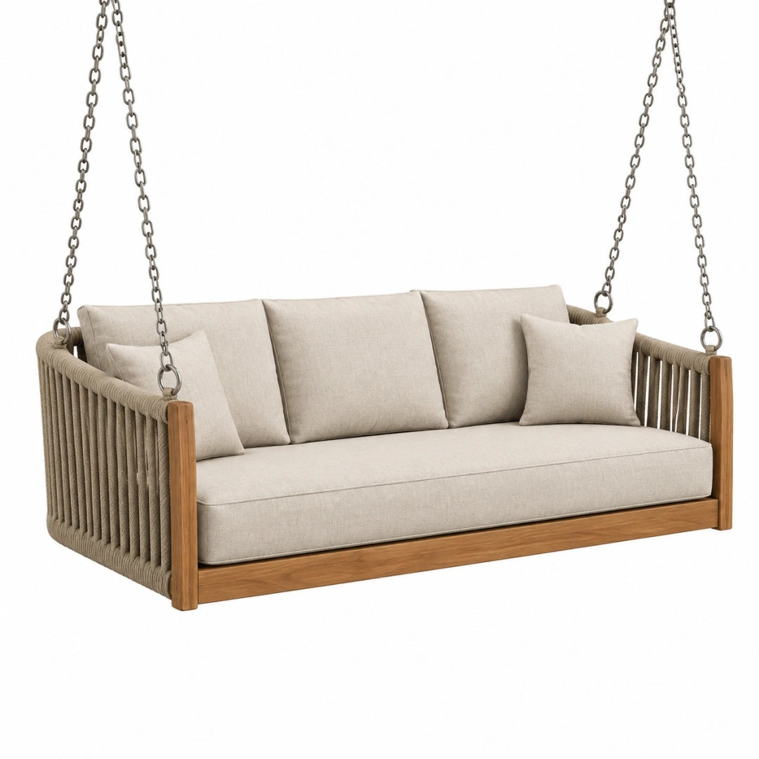 Canapé balançoire 180 x 80 x 75 cm en bois et corde beige pour extérieur couvert
