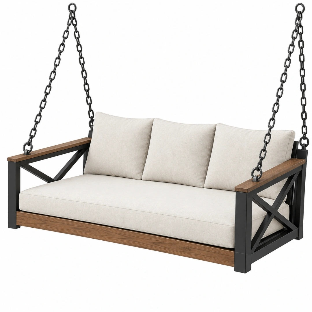 Balancelle de jardin suspendue 180 x 75 x 65 cm acier bois noir marron style industriel