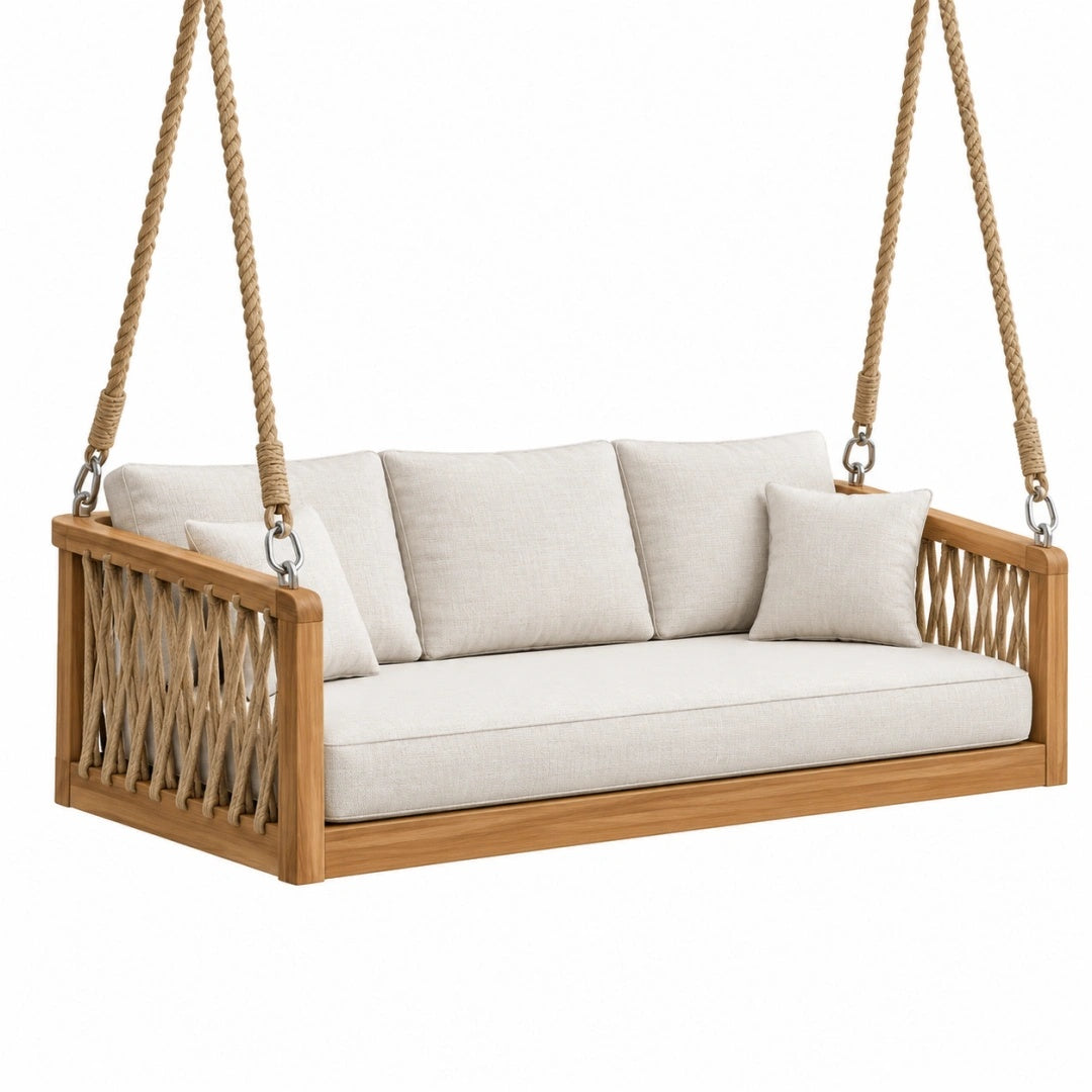 Balancelle suspendue 180 x 80 x 60 cm en bois et corde beige style naturel