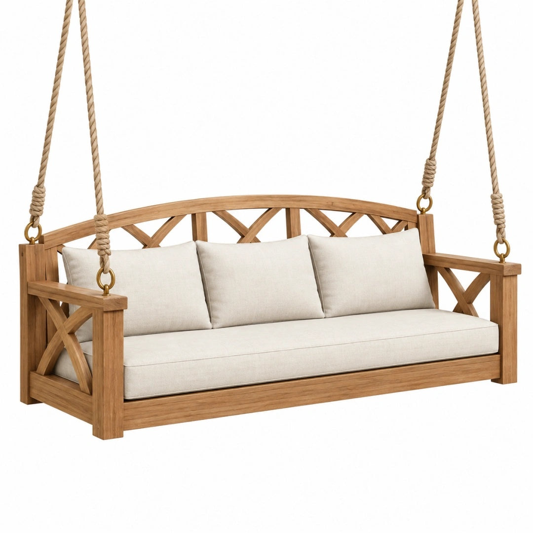 Balancelle suspendue 180 x 70 x 75 cm en bois marron avec assise beige style naturel