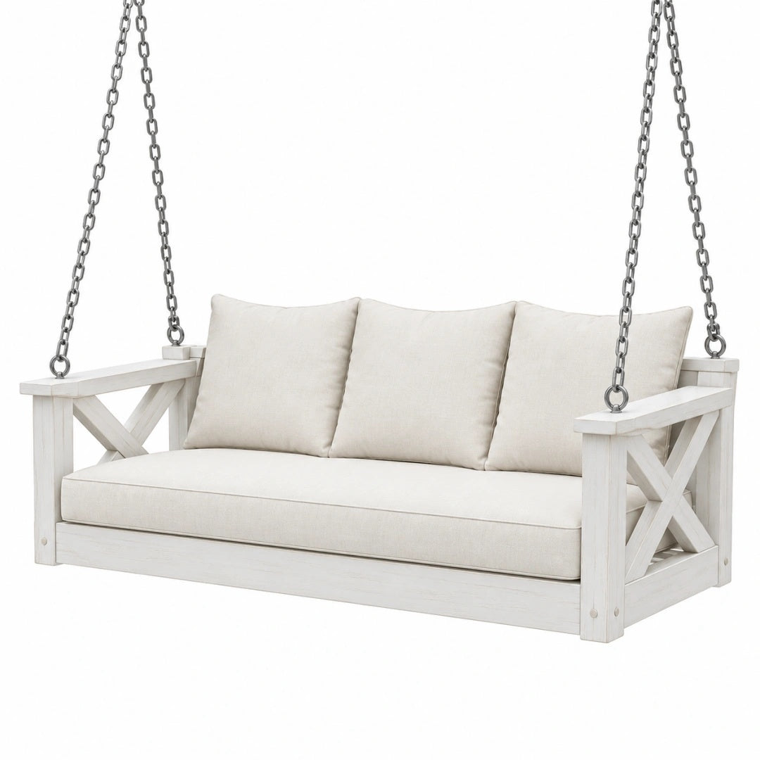 Balancelle de jardin 150 x 70 x 65 cm en bois blanc avec assise textile style rustique