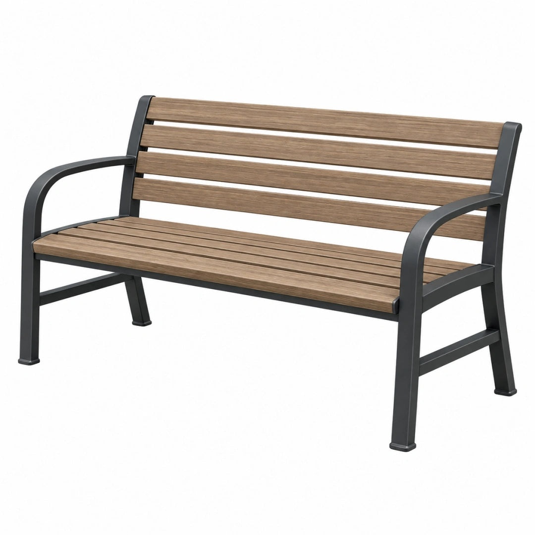 Banc de jardin 123 x 60 x 85 cm en bois brun et métal noir avec accoudoirs