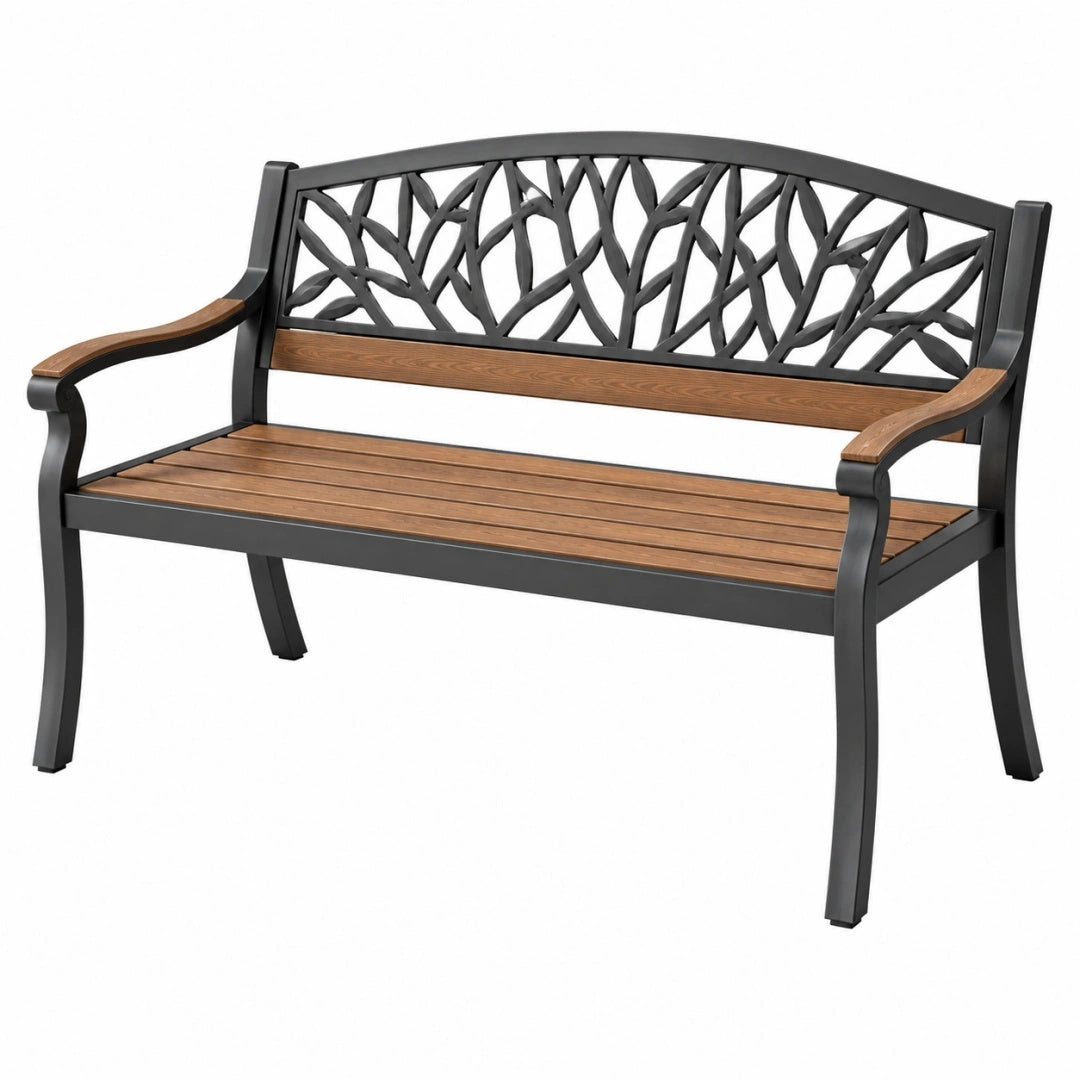 Banc de jardin 122 x 62 x 88 cm en métal et bois marron noir style végétal