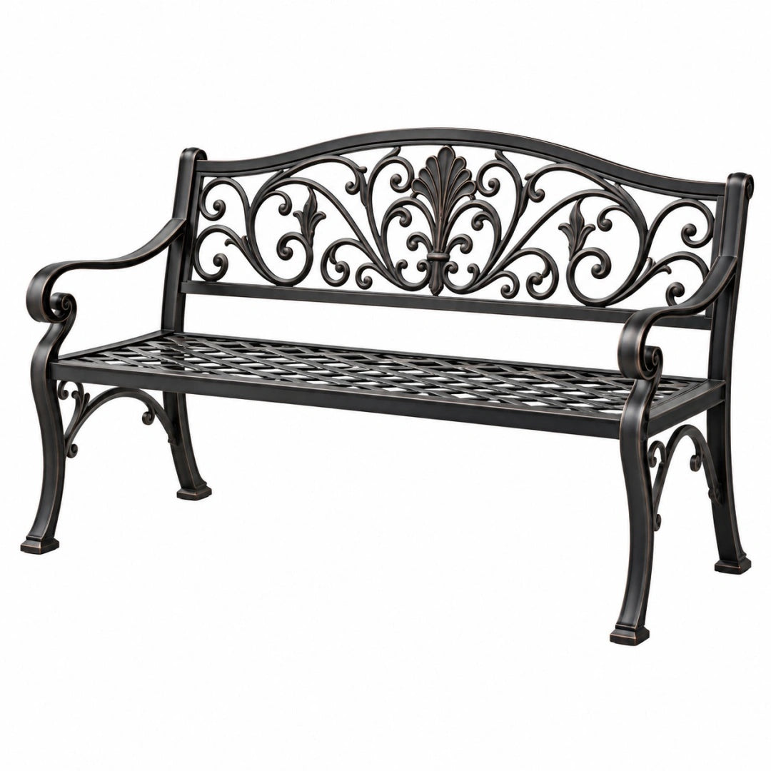 Banc de jardin 127 x 61 x 91 cm en métal noir style classique à accoudoirs