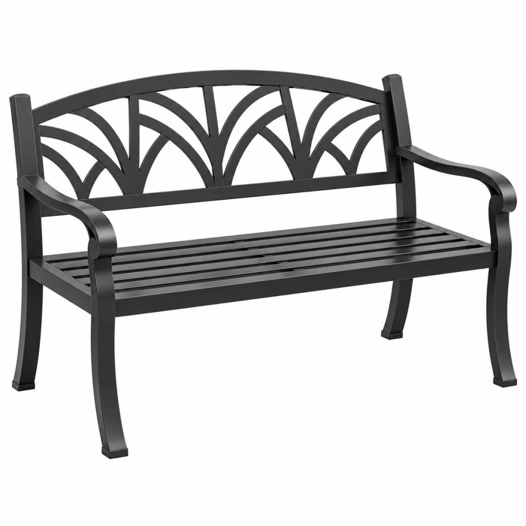 Banc de jardin 127 x 60 x 88 cm en métal noir à dossier ajouré