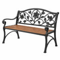 Banc de jardin 122 cm en métal et bois brun noir à dossier floral