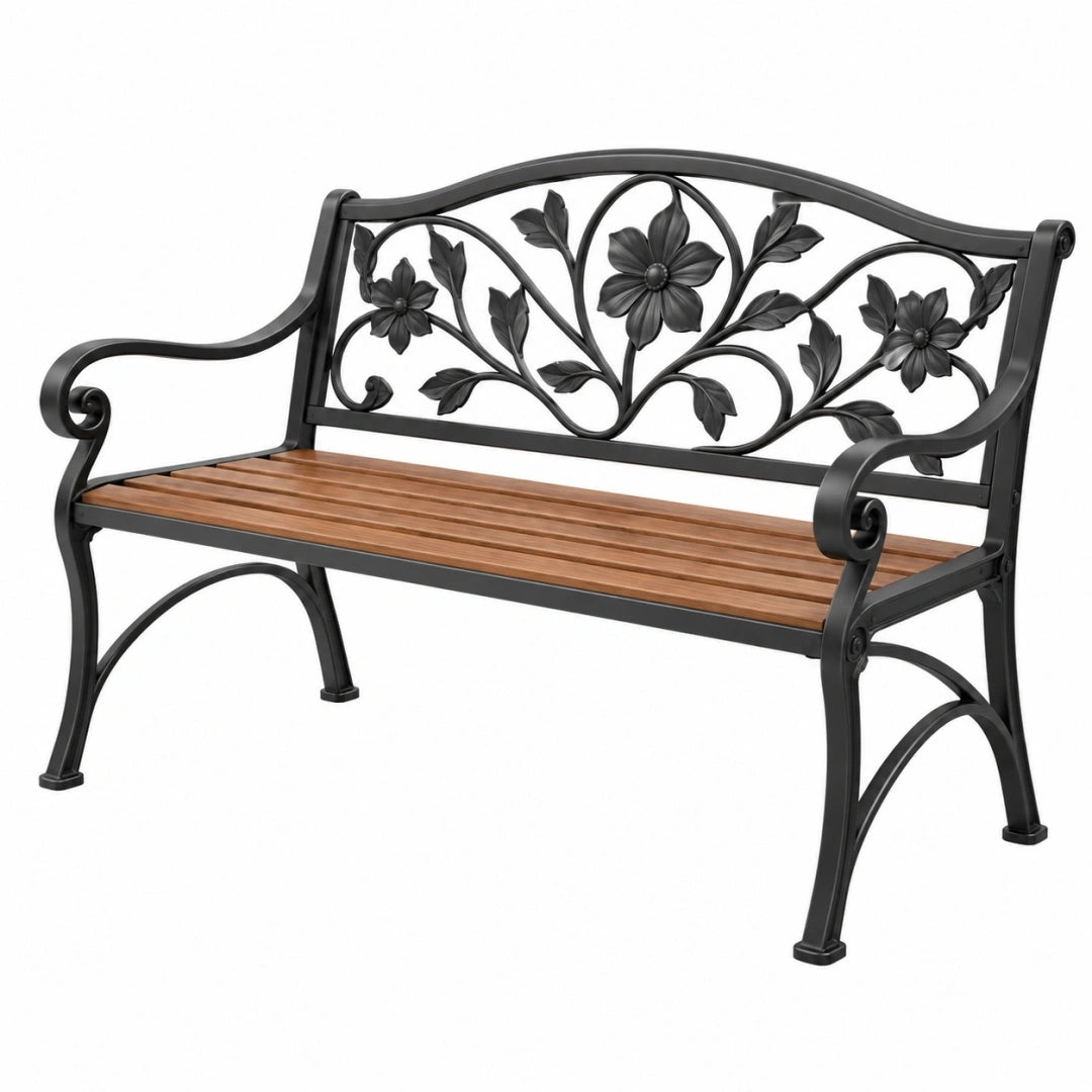 Banc de jardin 122 cm en métal et bois brun noir à dossier floral