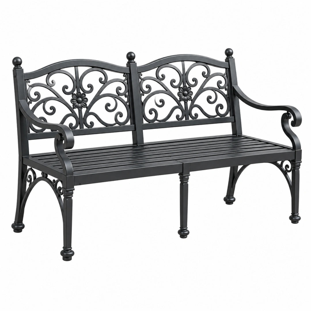 Banc de jardin 122 cm en métal noir style classique à accoudoirs